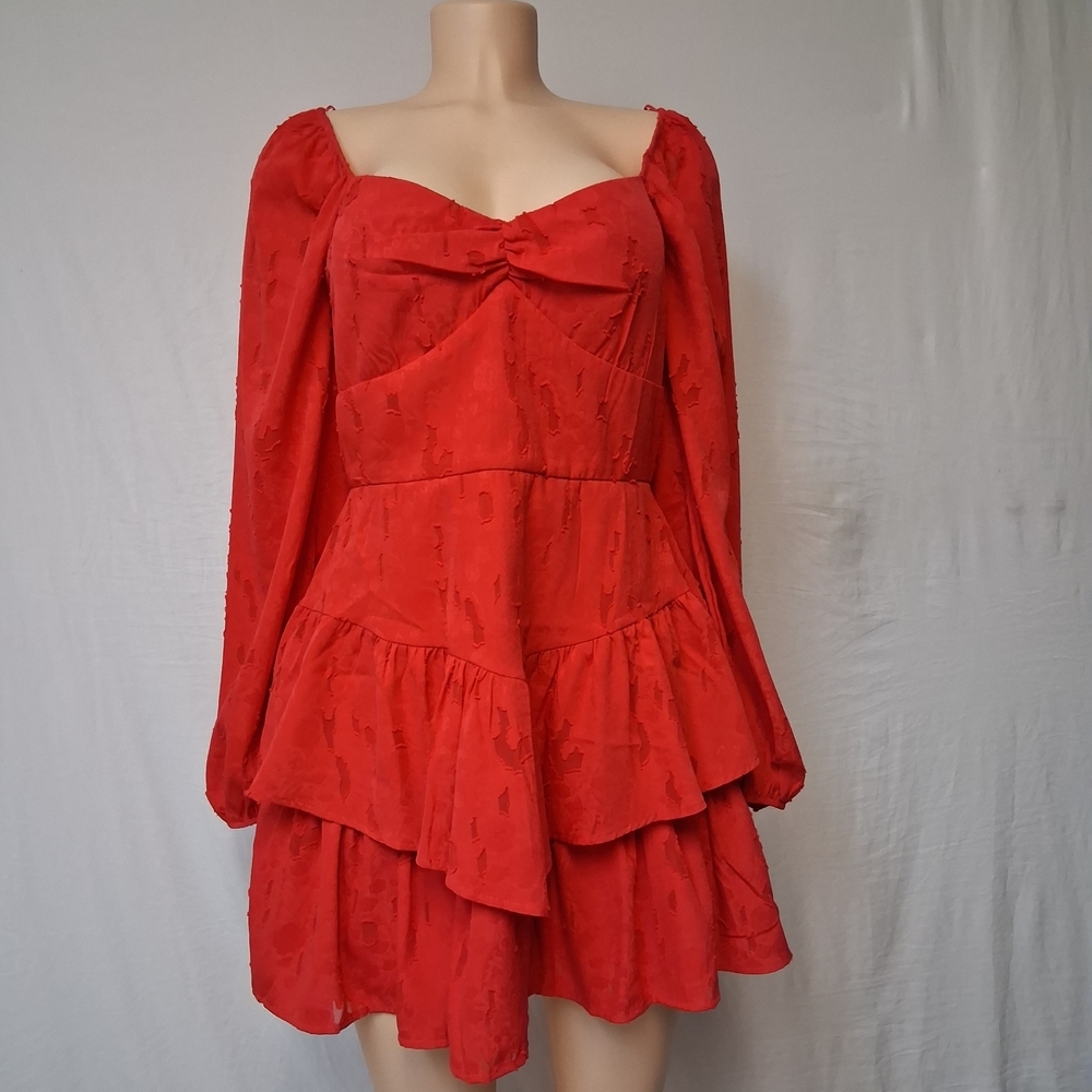 Francesca's Collections Red Long-Sleeve Ruffle Tiered Mini Dress